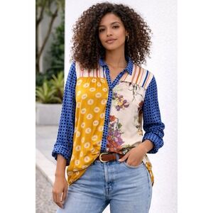 Maeve Anthropologie Patchwork Floral Polka Dot Artsy Boho Blouse SZ XS